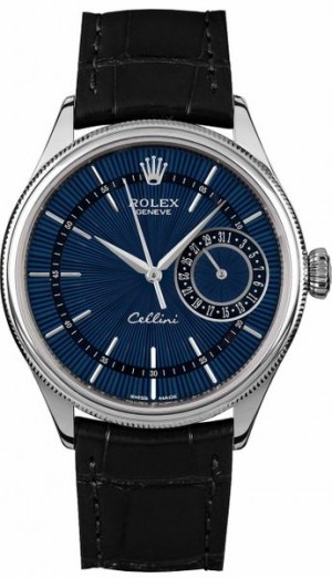 Rolex Cellini Date Blue Dial Black Leather Strap Men's Watch 50519