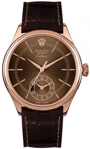 Rolex Cellini Dual Time Brown Guilloche Dial Men's Watch 50525