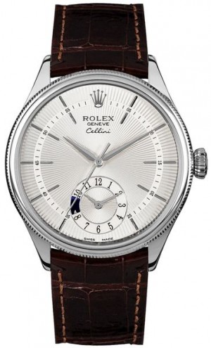 Rolex Cellini Dual Time Silver Dial Brown Strap Men's Watch 50529