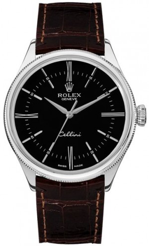 Rolex Cellini Time 18k White Gold Black Dial Men's Watch 50509