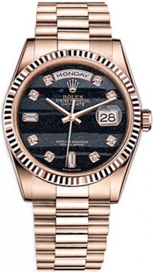 Rolex Day-Date 36 Black Diamond Dial Gold Watch 118235