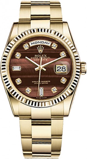 Rolex Day-Date 36 Brown Diamond Gold Oyster Bracelet Watch 118238