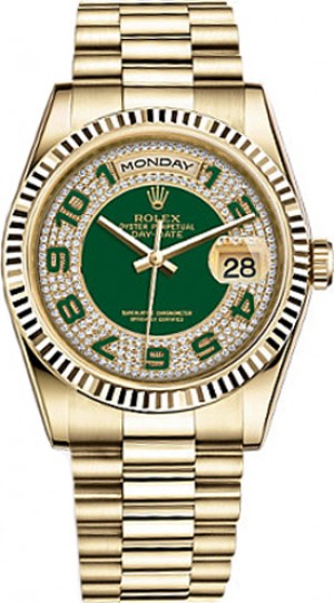 Rolex Day-Date 36 Green Diamond Pave Dial Gold Watch 118238