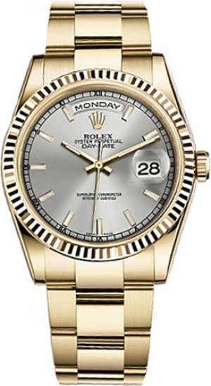 Rolex Day-Date 36 Silver Dial Solid Gold Watch 118238