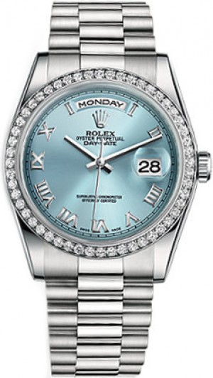 Rolex Day-Date 36 Blue Roman Numeral Platinum Watch 118346