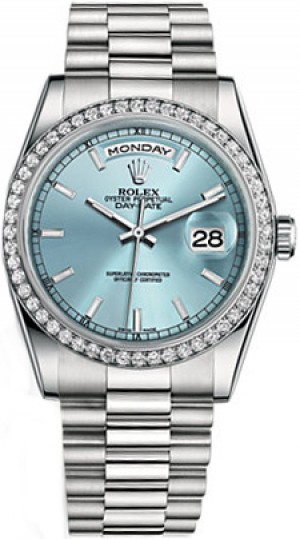 Rolex Day-Date 36 Ice Blue Diamond President Bracelet Watch 118346
