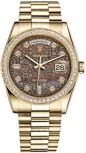Rolex Day-Date 36 Black Mother of Pearl Diamond Watch 118348