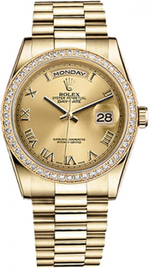 Rolex Day-Date 36 Champagne Roman Numeral Dial Gold Watch 118348