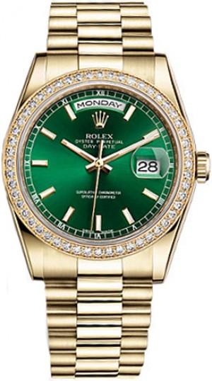 Rolex Day-Date 36 Green Dial Gold Watch 118348