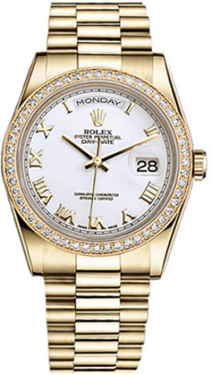 Rolex Day-Date 36 White Roman Numeral Gold Watch 118348