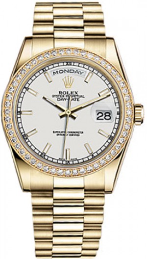 Rolex Day-Date 36 White Dial 18K Gold Watch 118348