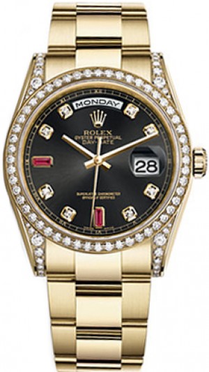Rolex Day-Date 36 Black Diamond Rubies Gold Watch 118388