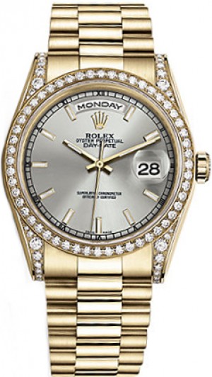 Rolex Day-Date 36 Silver Dial Diamond Bezel Gold Watch 118388