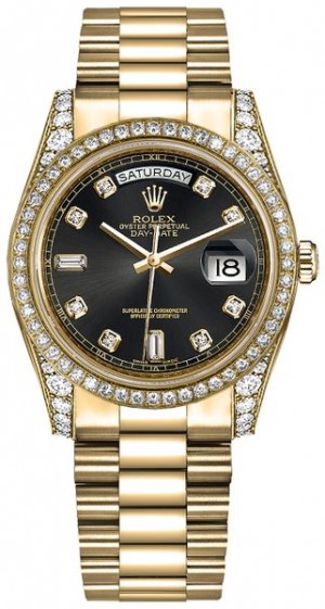 Rolex Day-Date 36 Black Diamond Gold Watch 118388