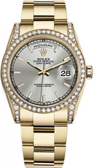 Rolex Day-Date 36 Silver Dial Gold Oyster Bracelet Watch 118388