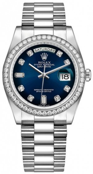 Rolex Day-Date 36 Blue Dial Diamond Bezel Women's Watch 128349RBR