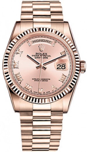 Rolex Day-Date 36 Pink Roman Numeral Dial Gold Watch 118235