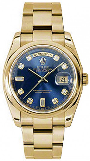 Rolex Day-Date 36 Blue Diamond Dial Gold Watch 118208