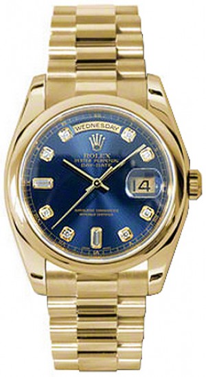Rolex Day-Date 36 Blue Diamond Dial Solid Gold Watch 118208