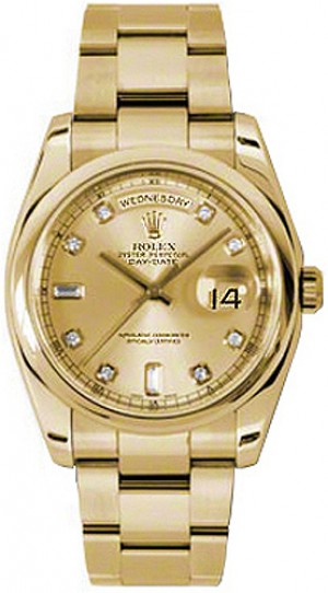 Rolex Day-Date 36 Champagne Diamond Dial Gold Watch 118208