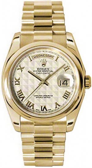 Rolex Day-Date 36 Ivory Roman Numeral Dial Gold Watch 118208