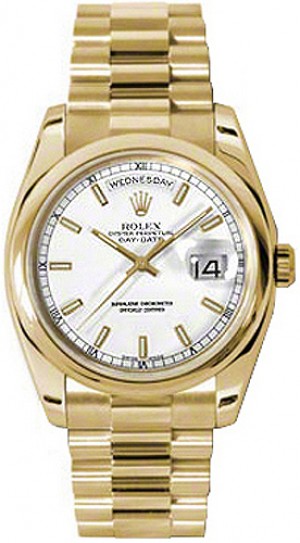 Rolex Day-Date 36 White Dial Gold Domed Bezel Watch 118208