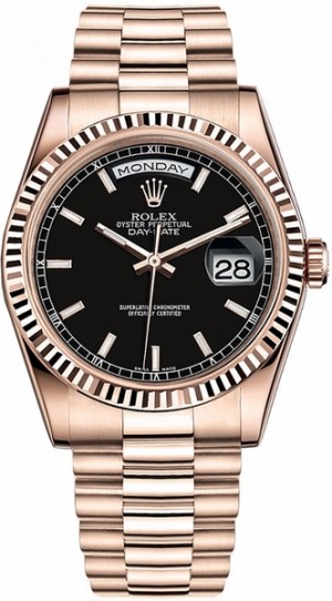Rolex Day-Date 36 Black Dial Fluted Bezel Gold Watch 118235