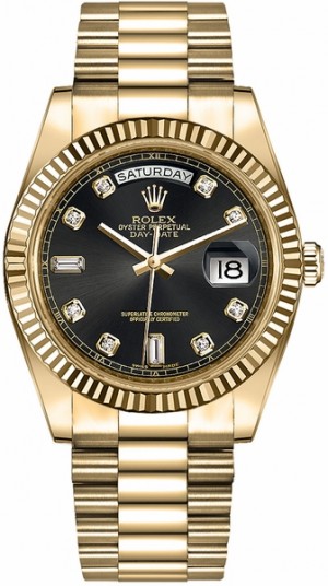 Rolex Day-Date 36 Black Diamond Dial Solid Gold Watch 118238