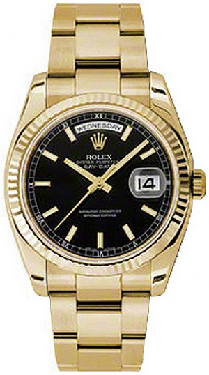 Rolex Day-Date 36 Black Dial Gold Oyster Bracelet Watch 118238