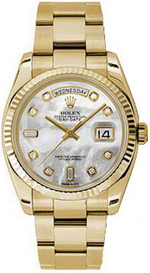 Rolex Day-Date 36 Mother of Pearl Fluted Bezel Gold Watch 118238