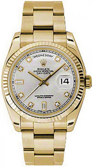 Rolex Day-Date 36 Silver Diamond Dial Fluted Gold Watch 118238