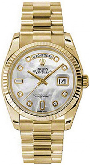 Rolex Day-Date 36 Mother of Pearl Diamond Yellow Gold Watch 118238