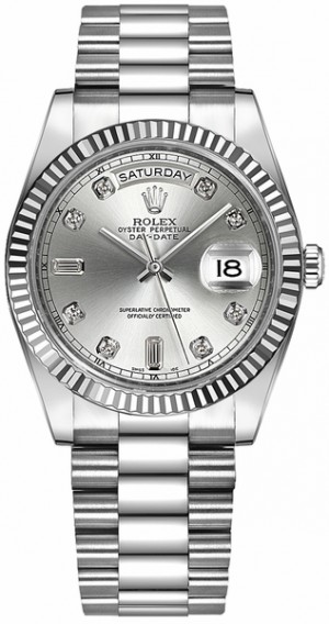 Rolex Day-Date 36 Silver Diamond Dial White Gold Watch 118239
