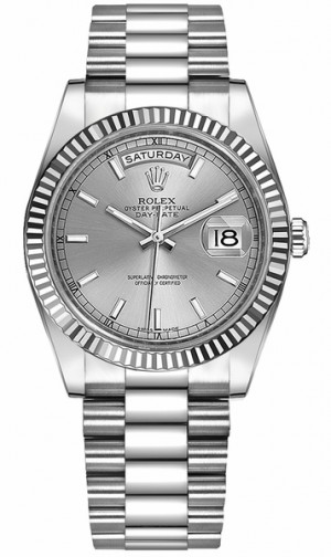Rolex Day-Date 36 Silver Dial Solid 18K White Gold Watch 118239