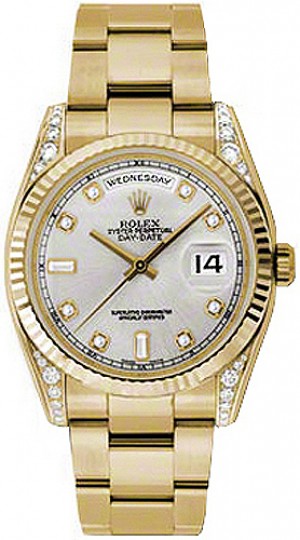 Rolex Day-Date 36 Silver Diamond Gold Watch 118338
