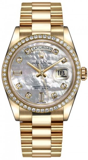 Rolex Day-Date 36 Mother of Pearl Diamond Gold Watch 118348